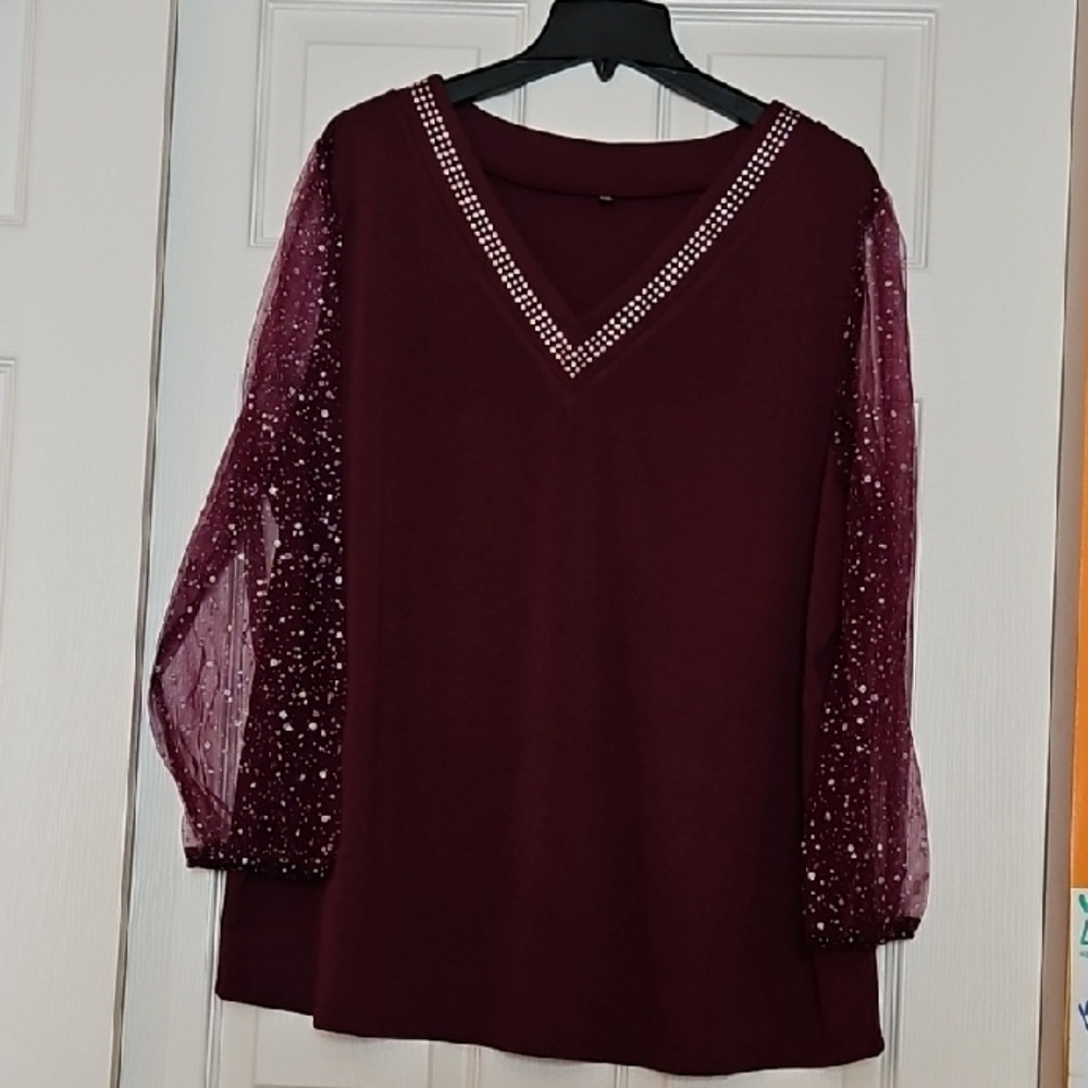 Elegant Burgundy Top with Sheer Sleeves Size 4XL